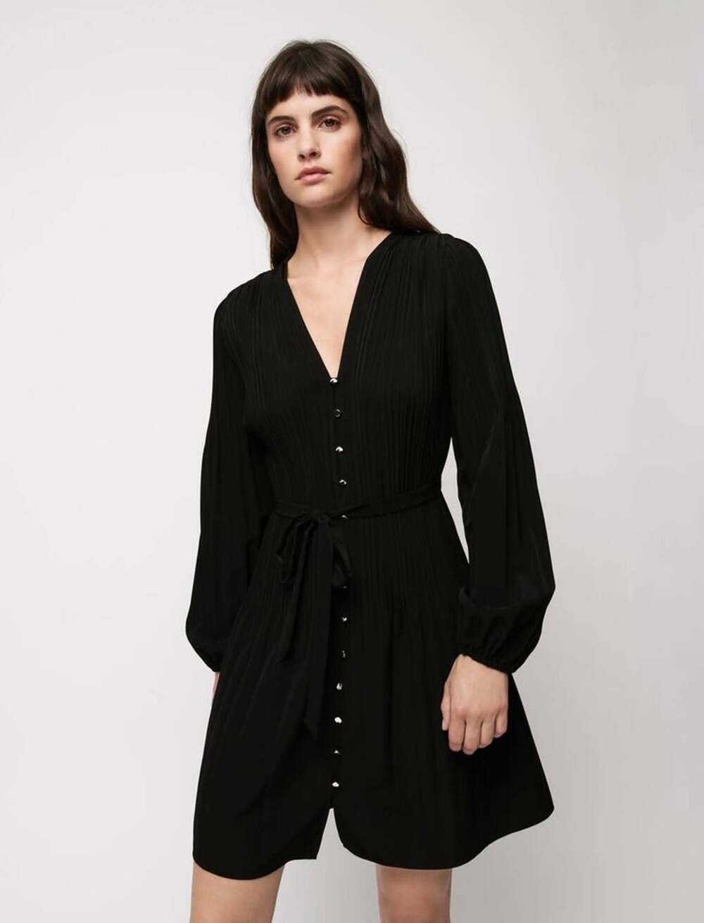 Maje Black Pleated Button-Front Long Sleeve Belted Mini Dress